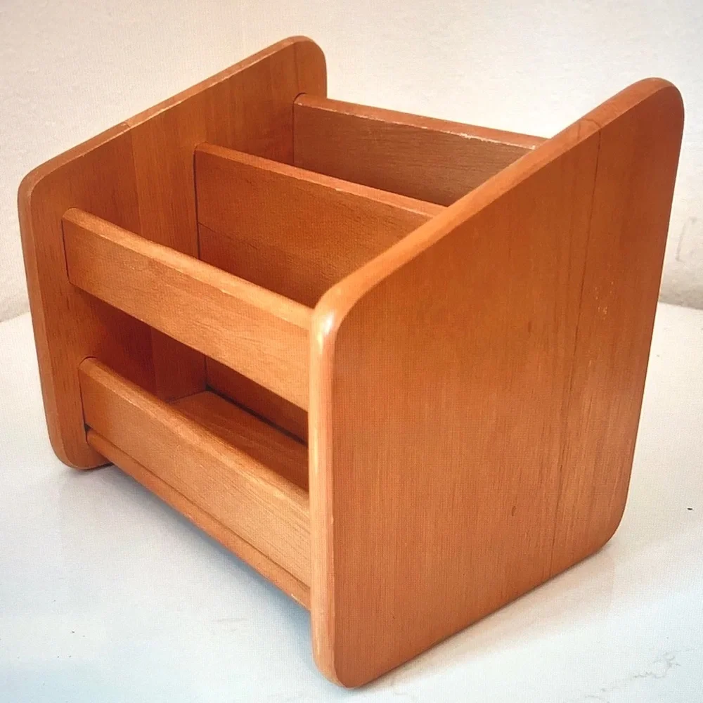 Three-Compartment Wooden Mail & Stationery Caddy - Light Honey Wood